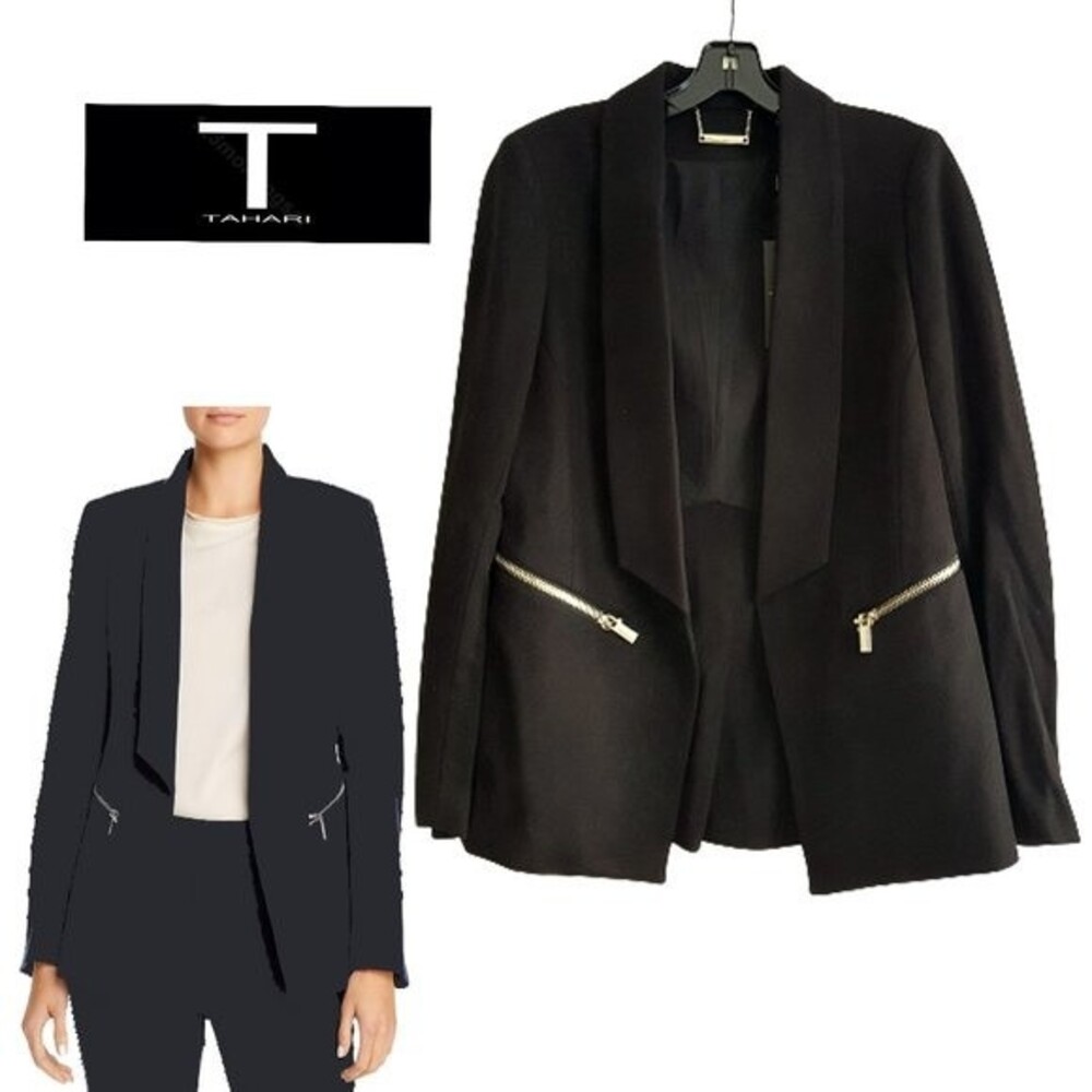 T TAHARI NEW Minimalist Lapels Open-Front Zip Cuffs/Pockets Blazer 8